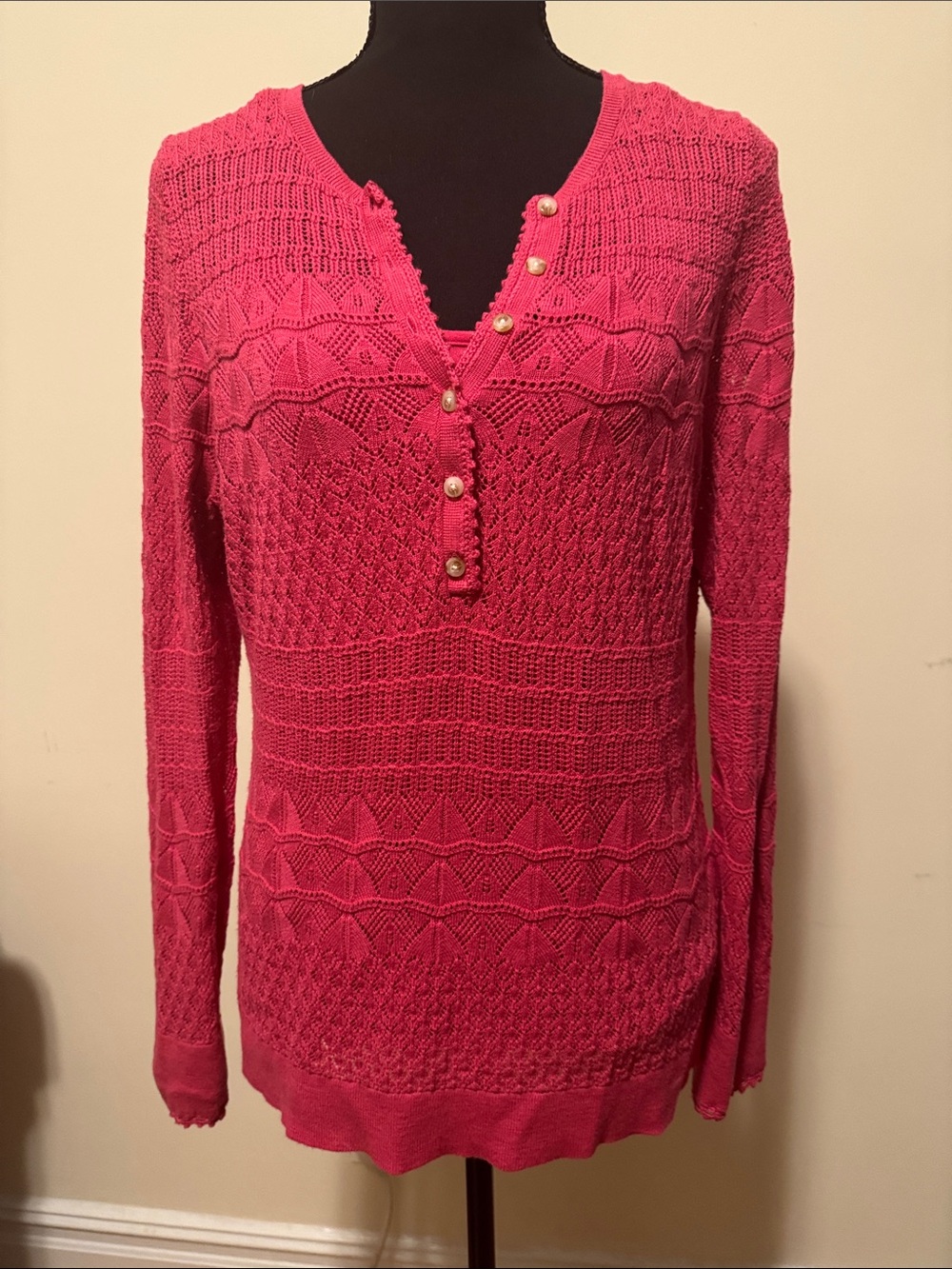 Sundance Women's Bright Pink V-Neck Button Knit Sweater